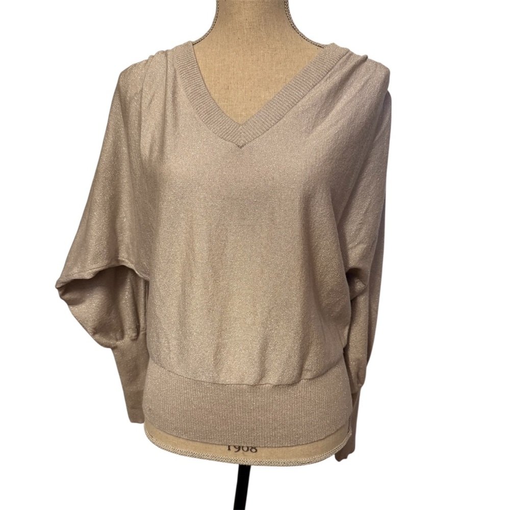 ELIE TAHARI SWEATER V-NECK SILVER METALLIC DOLMAN LONG SLEEVE SIZE M